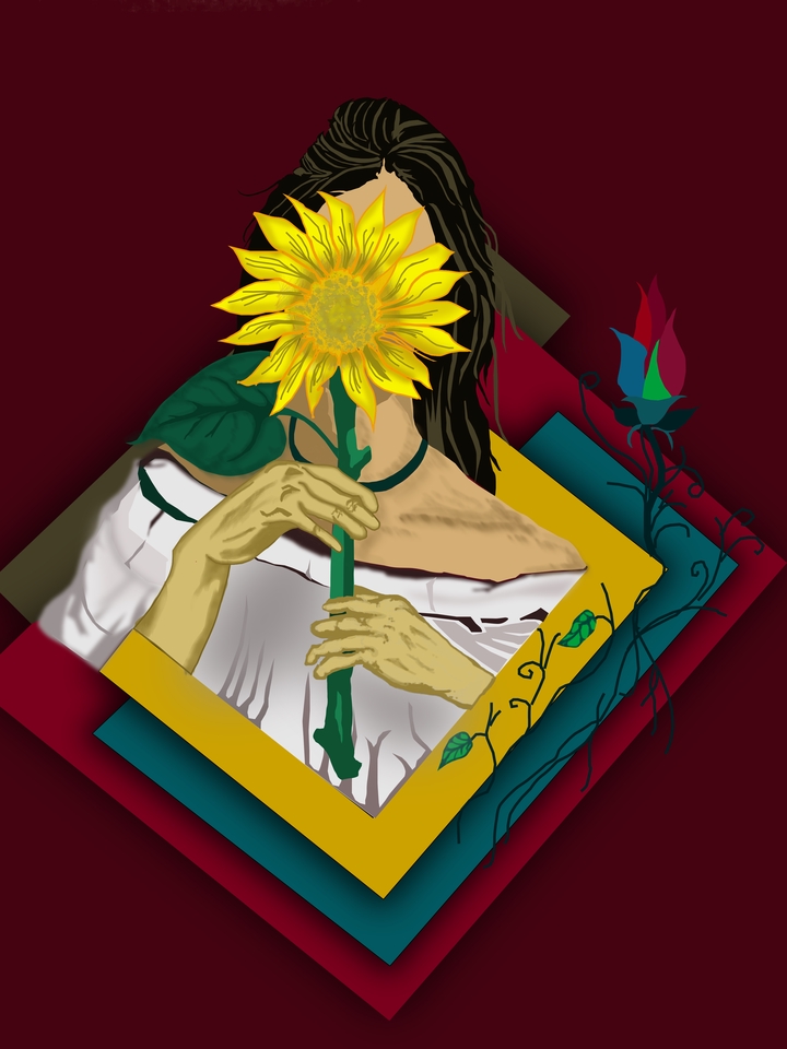 Ilustrasi seorang wanita memegang bunga matahari, ilustrasi desain, jasa ilustrasi, jasa gambar kartun, gambar ilustrasi, sketsa kartun lucu, ilustrasi digital, jasa ilustrasi digital, desain icon