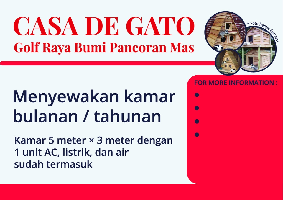 JASA BUAT BANNER INSTAGRAM desain banner keren untuk promosi website Casa De Gato - Sewa kamar bulanan atau tahunan. Kamar 5 meter x 3 meter dengan 1 unit AC, listrik, dan air sudah termasuk