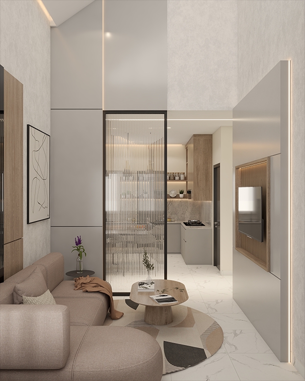 Desain interior rumah minimalis modern dengan sofa dan meja kopi, jasa desain interior rumah, desain interior, jasa arsitek rumah.