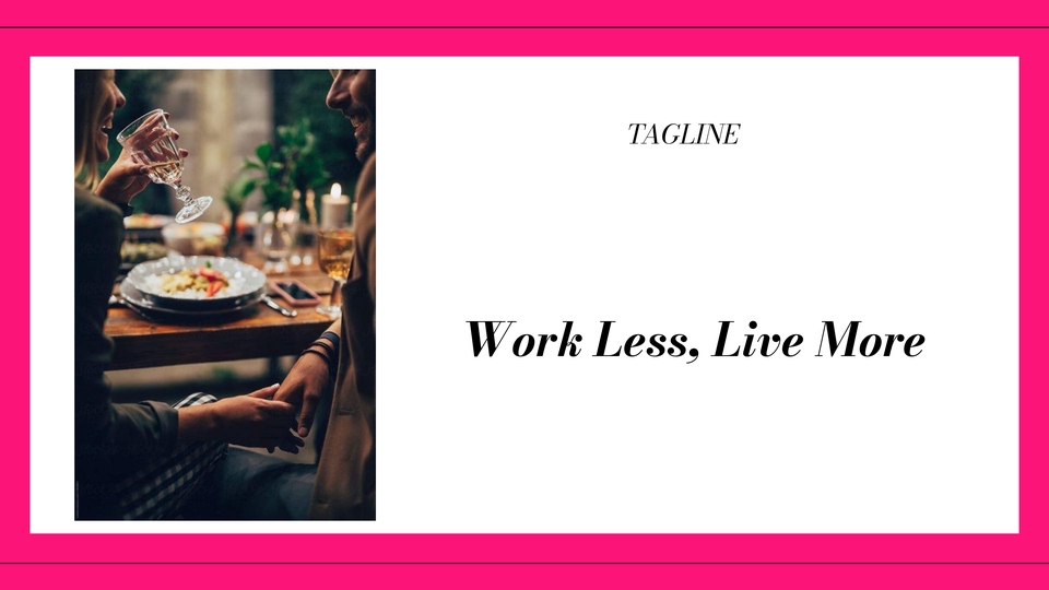 รับจัดหา Influencer วางกลยุทธ์ influencer marketing ด้วยภาพคู่รักทานอาหารค่ำโรแมนติก พร้อมข้อความ "Work Less, Live More" เหมาะสำหรับแคมเปญ รับทำ Influencer Marketing, วางแผน influencer, หา Influencer, โปรโมทแบรนด์, โฆษณาออนไลน์, การตลาดดิจิทัล.
