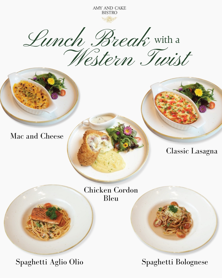 Desain menu makanan restoran Barat unik dan menarik Amy and Cake Bistro. Jasa desain menu makanan, desain menu cafe, desain daftar menu.