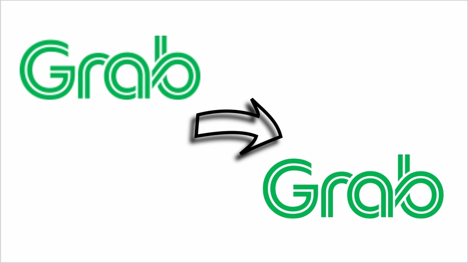 Ilustrasi Logo Grab dengan logo baru di sebelah kanan dan logo lama di sebelah kiri, tanda panah menunjukkan arah perubahan.