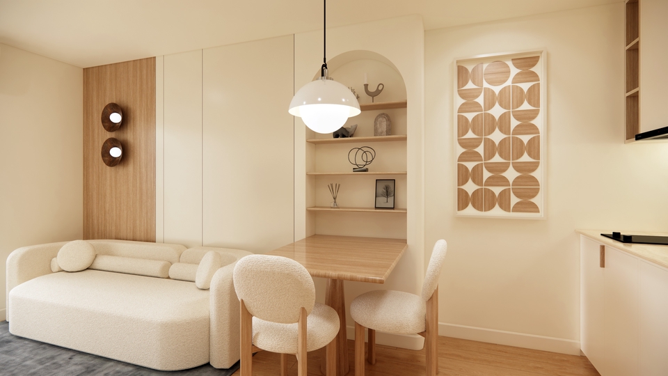 ออกแบบตกแต่งภายในบ้านสไตล์โมเดิร์น มีโซฟาสีขาว โต๊ะไม้สีอ่อน พร้อมเฟอร์นิเจอร์ครบครัน