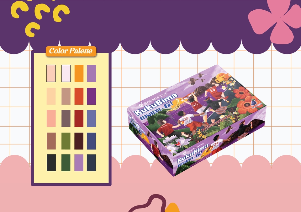 Ilustrasi kartun kotak kemasan makanan dengan desain unik dan warna cerah. Cocok untuk jasa desain kemasan produk makanan seperti kue, minuman, snack, dan lain-lain.