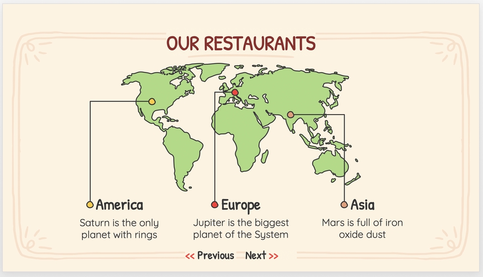 Desain presentasi power point template restoran dengan ilustrasi peta dunia