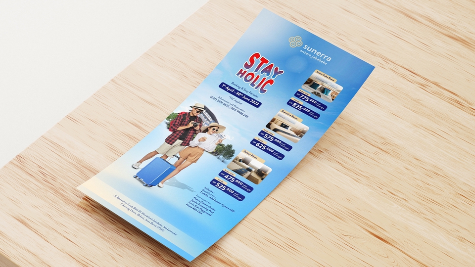 Desain brosur hotel unik untuk promosi liburan di Sunerra Hotel, Bali.