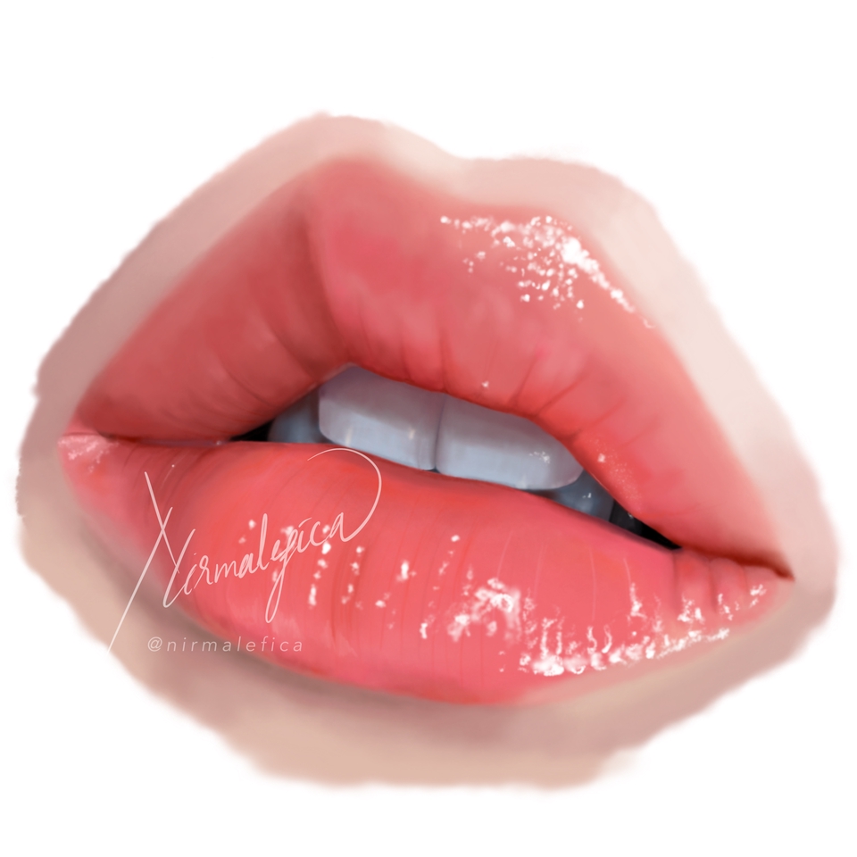 Ilustrasi digital bibir merah muda dengan gloss, cocok untuk desain logo, ilustrasi produk kecantikan, dan konten media sosial.