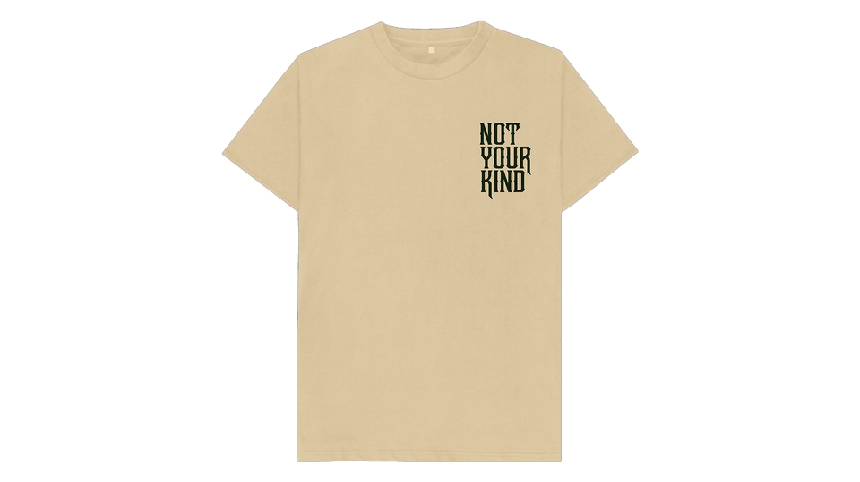 Desain kaos pria dengan tulisan "Not Your Kind" warna beige.