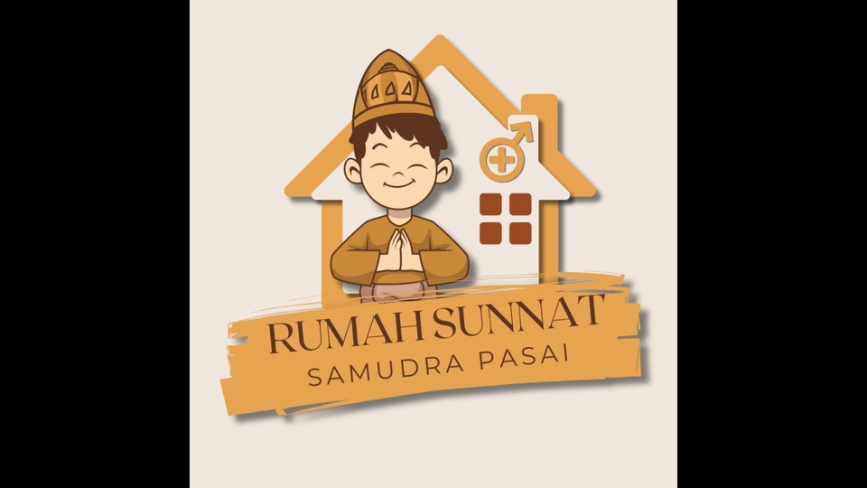 Jasa desain logo rumah makan "Rumah Sunnat Samudra Pasai" dengan gambar logo desain rumah makan dan logo rumah makan dengan background warna kuning dan warna dasar kuning muda.