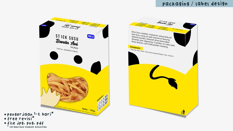Jasa desain packaging stick susu dengan desain unik dan menarik. Jasa desain kemasan produk makanan, desain box makanan dengan tema anak-anak, untuk stick susu dengan warna kuning cerah.