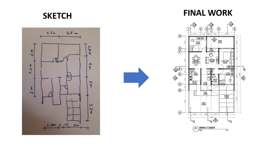 Jasa drafter autocad murah untuk desain denah rumah dengan detail ruangan dan ukuran