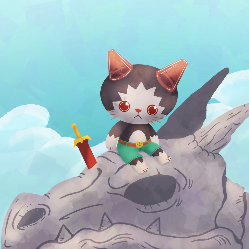 Ilustrasi kucing kartun lucu dengan latar belakang batu