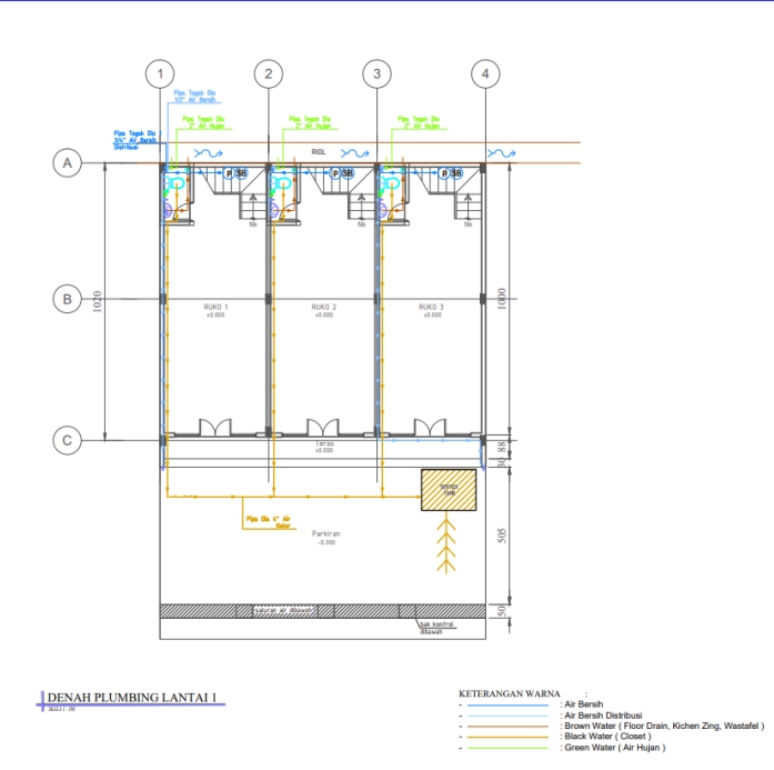 Jasa drafter autocad murah, pembuatan denah plumbing lantai 1 untuk bangunan 4 kamar.