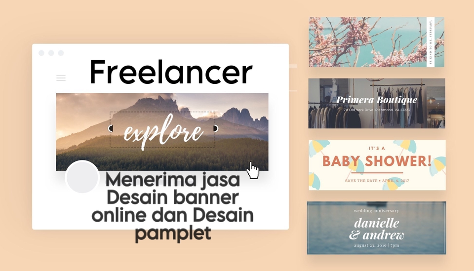 Jasa Desain Banner Online dan Pamflet: Buat banner promosi, banner Instagram, banner website, desain banner unik dan keren untuk toko online, olshop, Facebook, dan media sosial lainnya.