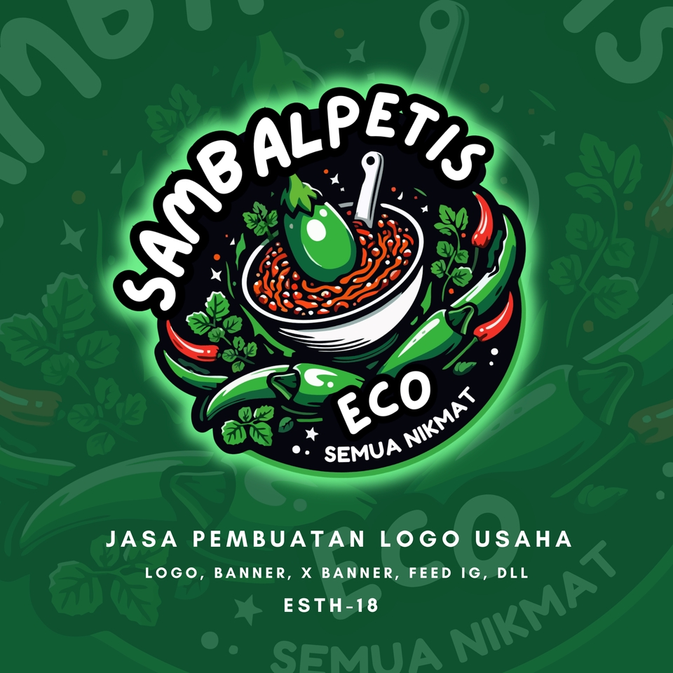 Jasa pembuatan logo untuk usaha kuliner dengan desain logo yang keren dan menarik,  terdiri dari logo sambal dan sayuran hijau, cocok untuk logo rumah makan, warung makan, atau resto.