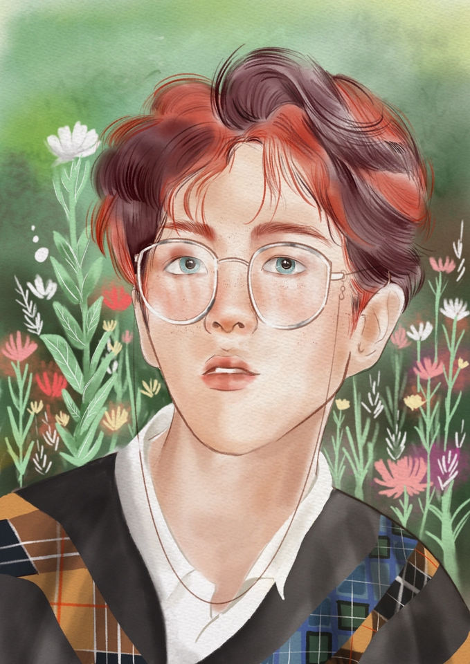 วาดแฟนอาร์ต ศิลปินเกาหลีชาย ผมสีแดง ในชุดลายสก็อต