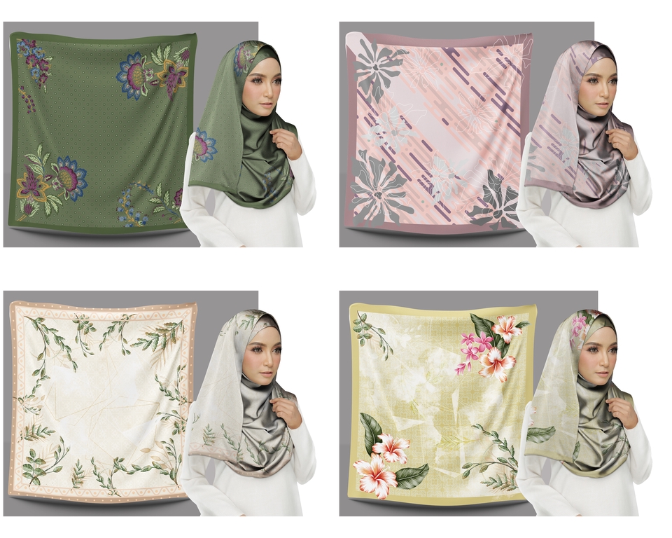 Desain hijab modern dengan motif bunga dan warna pastel, cocok untuk hijabers kekinian.