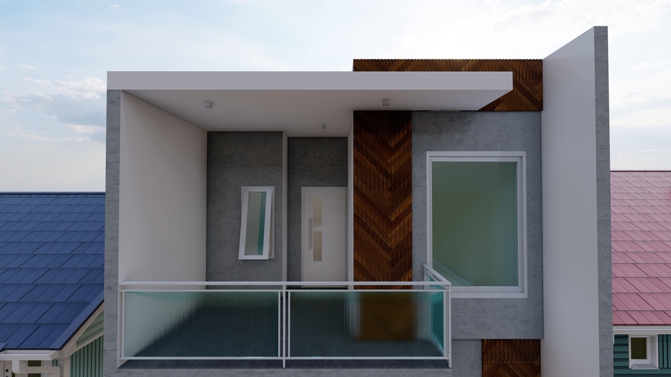 Desain eksterior rumah minimalis modern dengan balkon, jasa arsitek dan desain 3D
