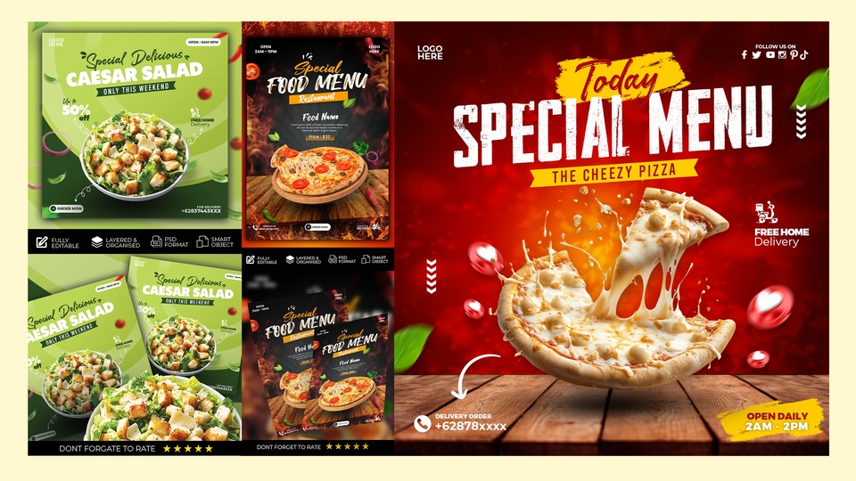 Desain banner promosi makanan Instagram, jasa desain banner online untuk restoran, banner iklan menu spesial pizza dan salad.  Buat banner online shop, desain banner keren untuk media sosial.
