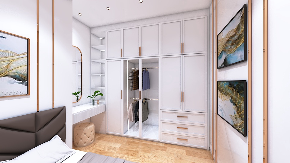 Jasa desain interior rumah minimalis modern dengan lemari pakaian built-in dan ruang kerja