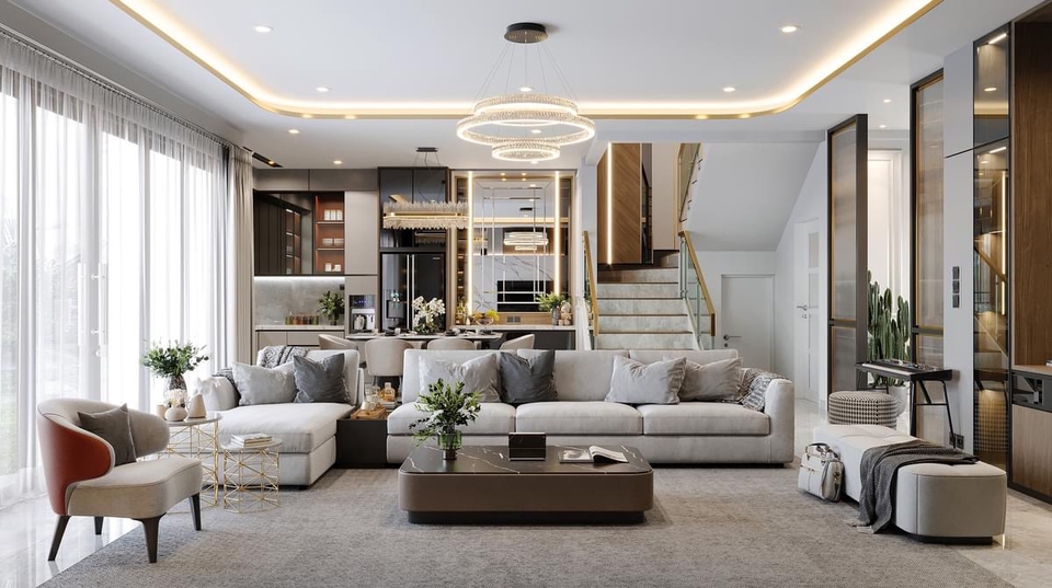 Desain interior ruang tamu modern dengan sofa putih dan rak dinding minimalis.