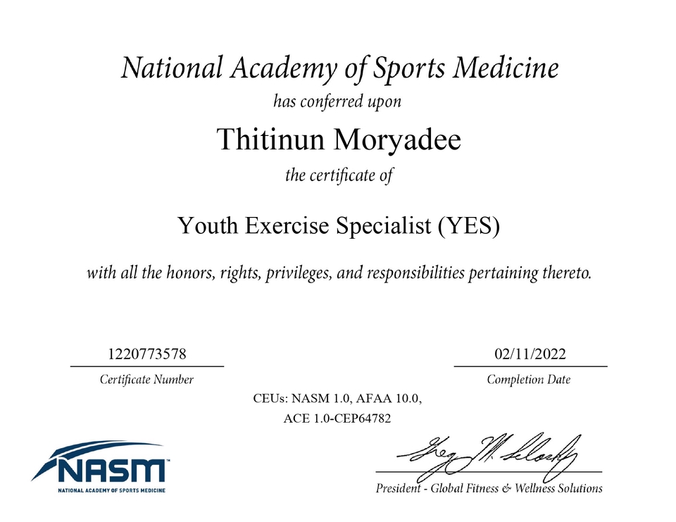 ใบรับรอง Youth Exercise Specialist (YES) จากวิทยาลัยกีฬาแห่งชาติ เทรนเนอร์ส่วนตัว รับเทรนลดน้ำหนัก เทรนลดน้ำหนักออนไลน์ หาเทรนเนอร์ ฟิตเนส หา personal trainer จ้างเทรนเนอร์
