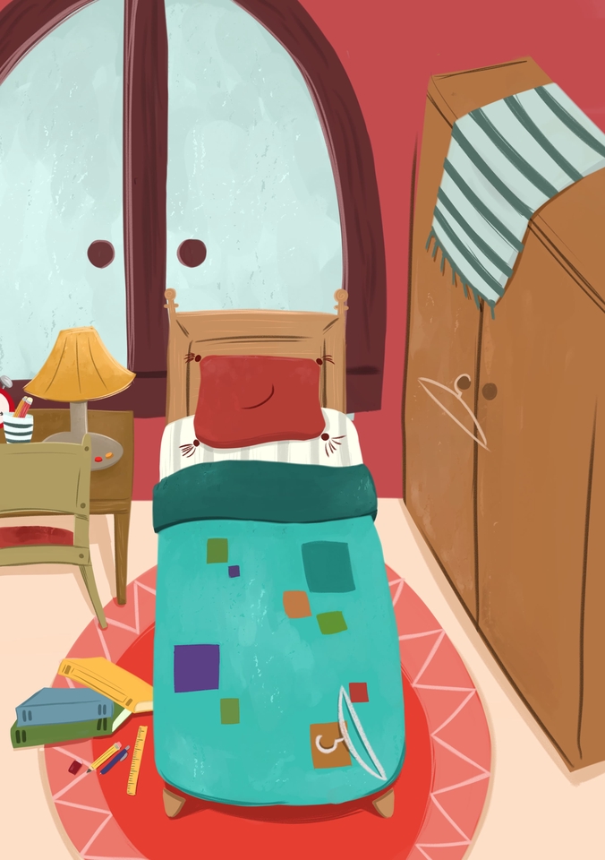Jasa ilustrasi kamar tidur anak dengan desain minimalis dan lucu, gambar ilustrasi, gambar kartun, ilustrasi anak