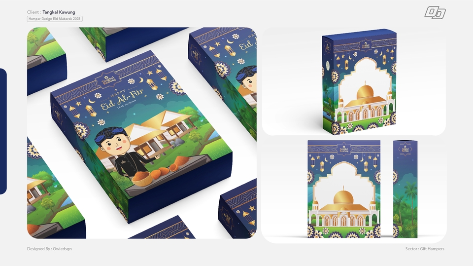 Desain kemasan kotak makanan unik dengan tema Lebaran Idul Fitri.