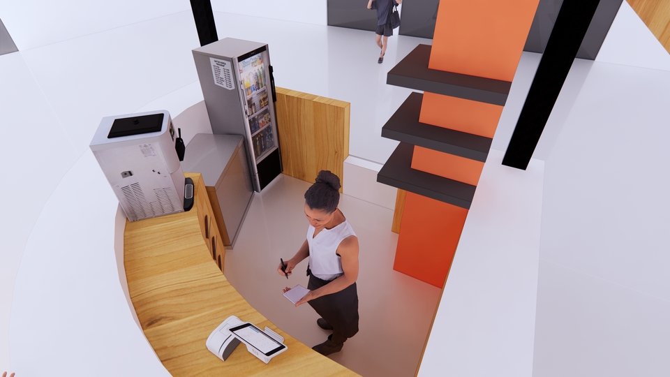 Jasa desain interior kafe minimalis dengan interior yang modern dan elegan.