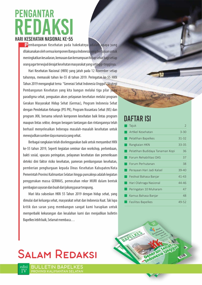 Desain buletin Bapelkes Kalimantan Selatan, edisi Hari Kesehatan Nasional ke 55, tema Generasi Sehat Indonesia Unggul. Jasa desain publikasi.