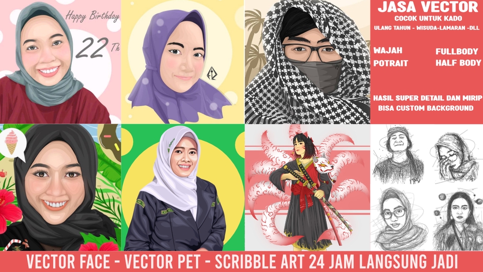 Jasa Gambar Ilustrasi Profesional dan Kreatif - VECTOR WAJAH SUPER DETAIL 24 jam jadi 