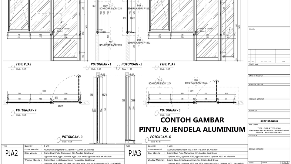 CAD Drawing - Pembuatan Gambar Kerja 2D Kusen Alumunium, Kaca Frameless & Pintu Automatic  - 1