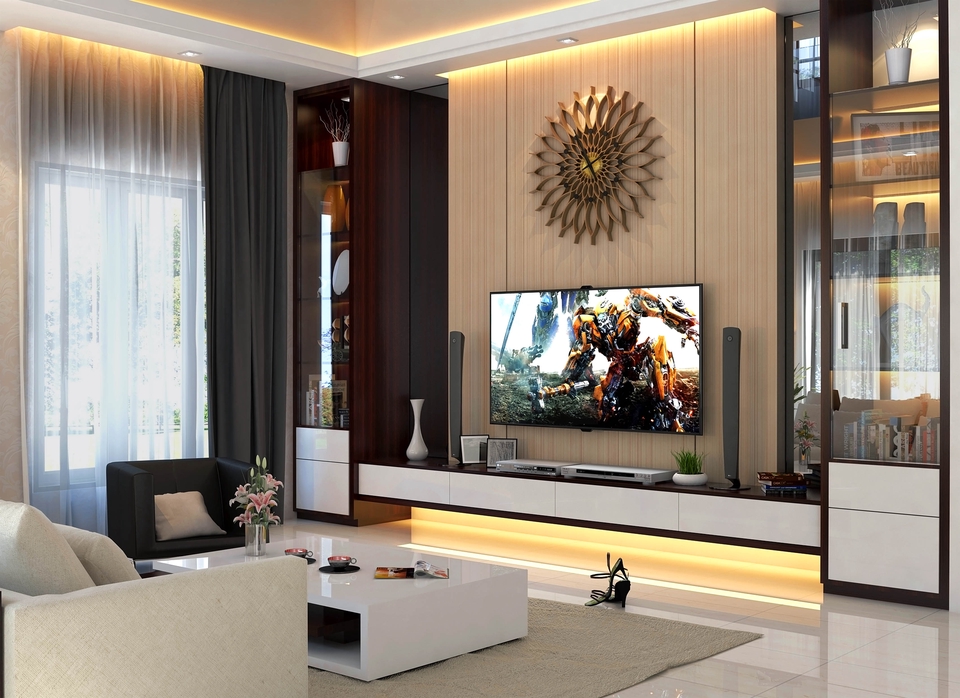 Desain interior rumah minimalis modern dengan televisi dan sofa, jasa desain interior rumah.