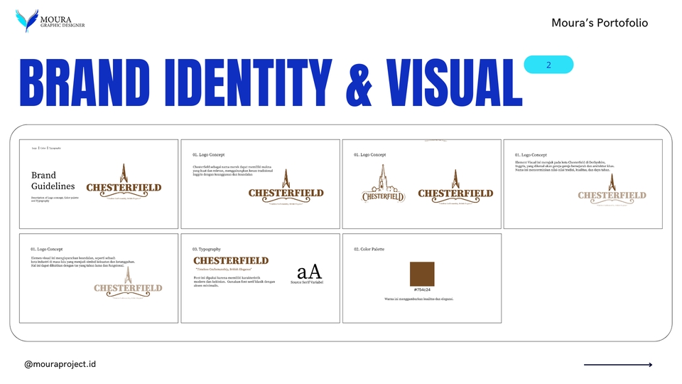 Contoh desain logo untuk brand Chesterfied, menampilkan desain logo dengan warna coklat dan font klasik, desain logo untuk perusahaan