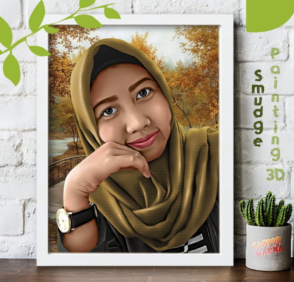 Jasa lukis wajah karikatur freelance, gambar wajah wanita berhijab dengan latar belakang pemandangan