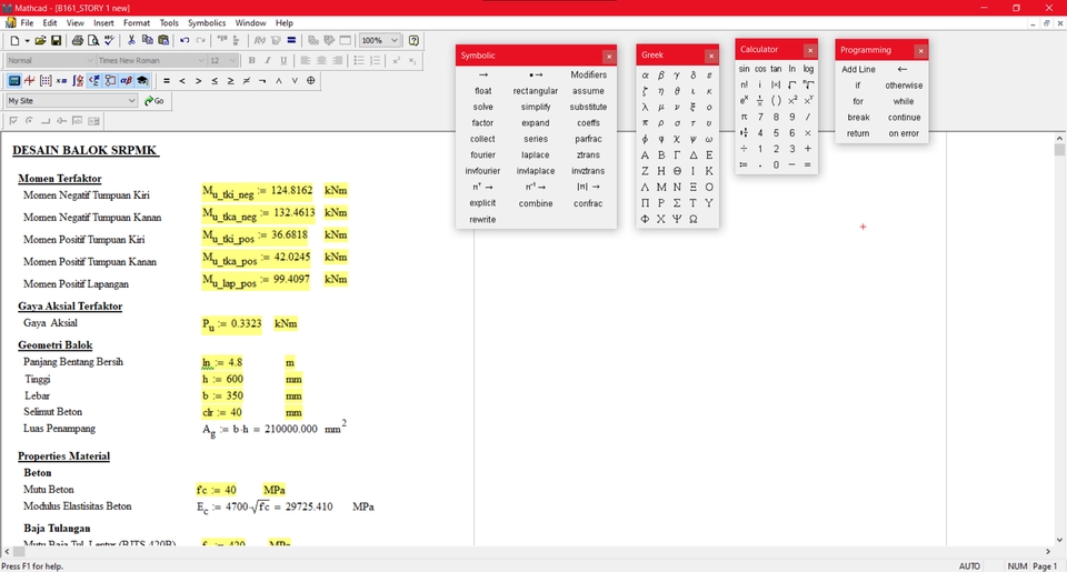 Penulisan rumus perhitungan mengggunakan software MathCAD 15