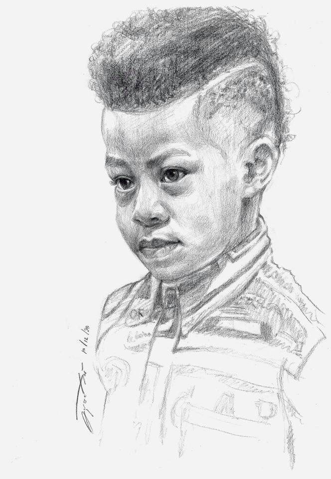 รับวาดภาพเหมือน เด็กชายผิวสีน้ำตาล ผมทรงโมฮอว์ก สวมเสื้อแจ็คเก็ต