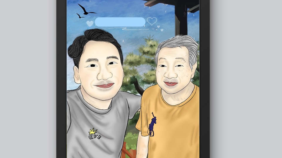 รับวาดภาพเหมือนพ่อลูก การ์ตูนภาพเหมือนครอบครัว