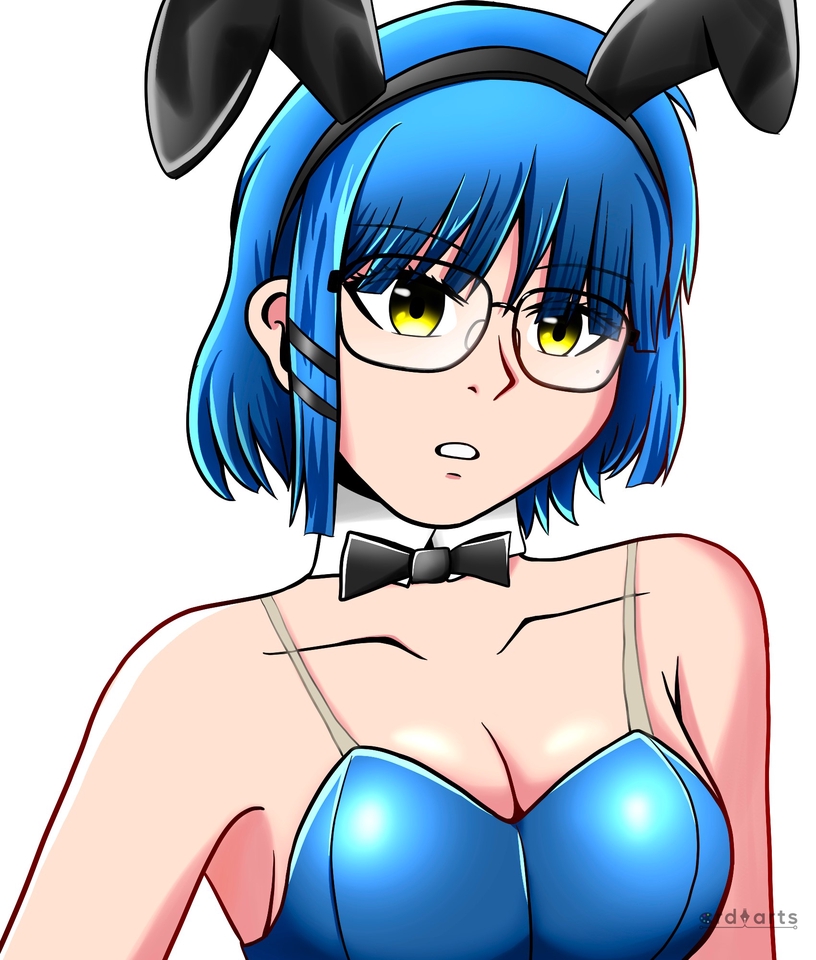 Ilustrasi kartun wanita berambut biru dengan telinga kelinci dan pakaian bunny girl.