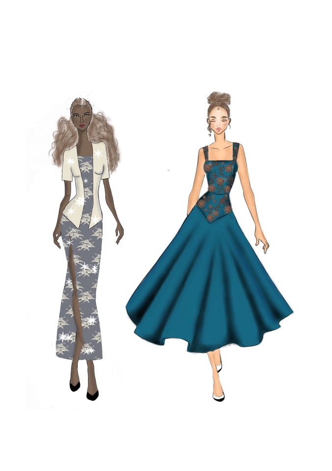 Desain fashion wanita, model gaun pesta dan pakaian kasual modern, ilustrasi desainer