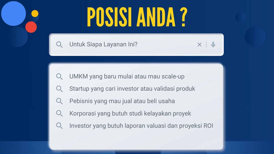 Jasa konsultan bisnis untuk UMKM, startup, bisnis yang mau dijual, dan perusahaan yang membutuhkan studi kelayakan proyek.