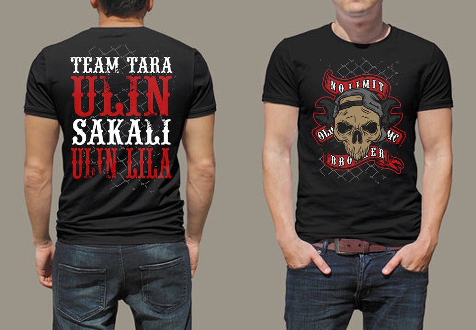 Desain kaos custom dengan motif tulisan "Team Tara Ulin Sakali Ulin Lila" dan gambar tengkorak untuk desain kaos distro