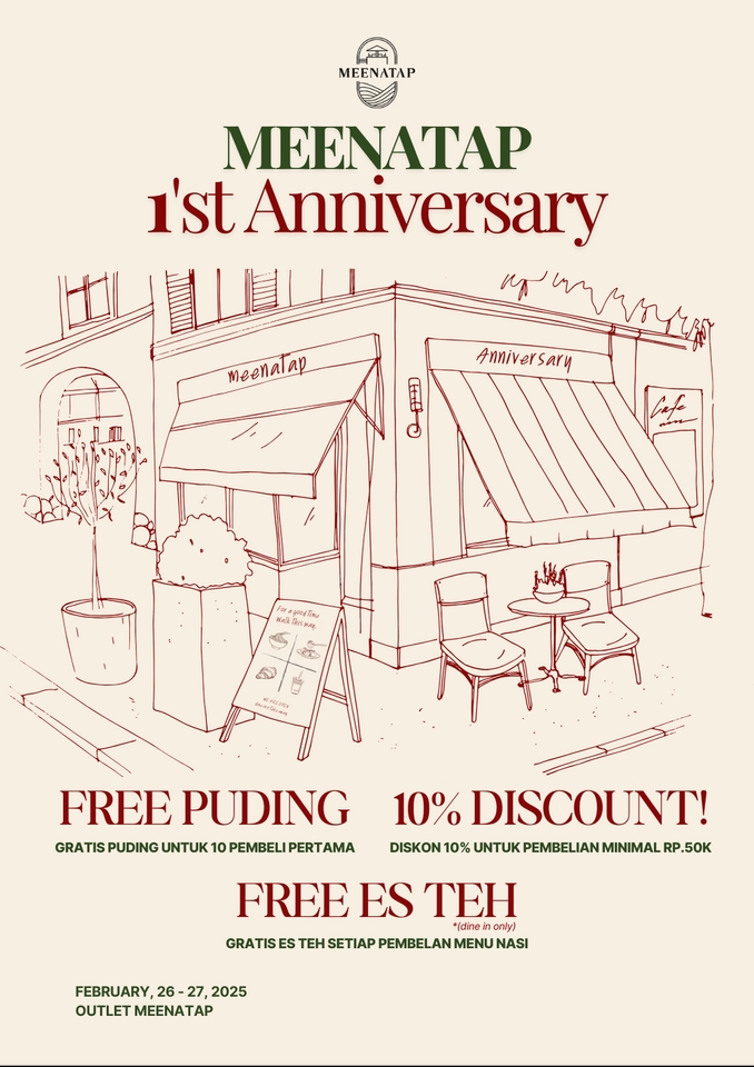 Meenatap cafe ulang tahun pertama, desain spanduk promosi cafe, free pudding, diskon 10%, gratis es teh, outlet meenatap, februari 2023.