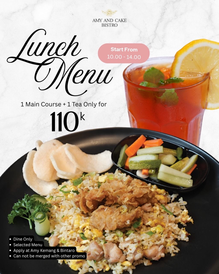 Desain menu makan siang Amy and Cake Bistro, harga 110rb, nasi goreng ayam, promo makan siang.