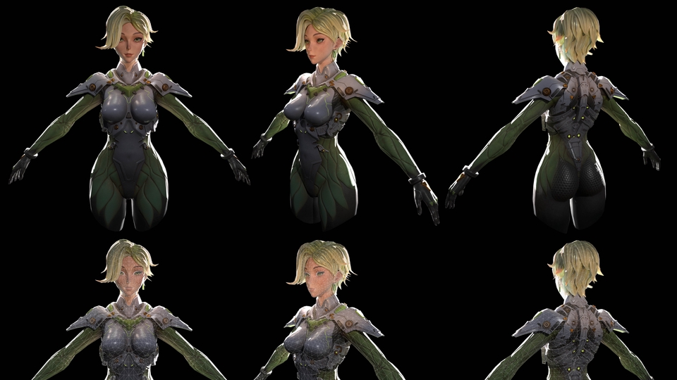 Model 3D wanita dengan desain baju futuristik, cocok untuk proyek game atau film.