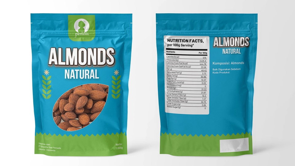 Jasa desain kemasan makanan, kemasan kacang almond dengan desain unik dan label yang menarik.