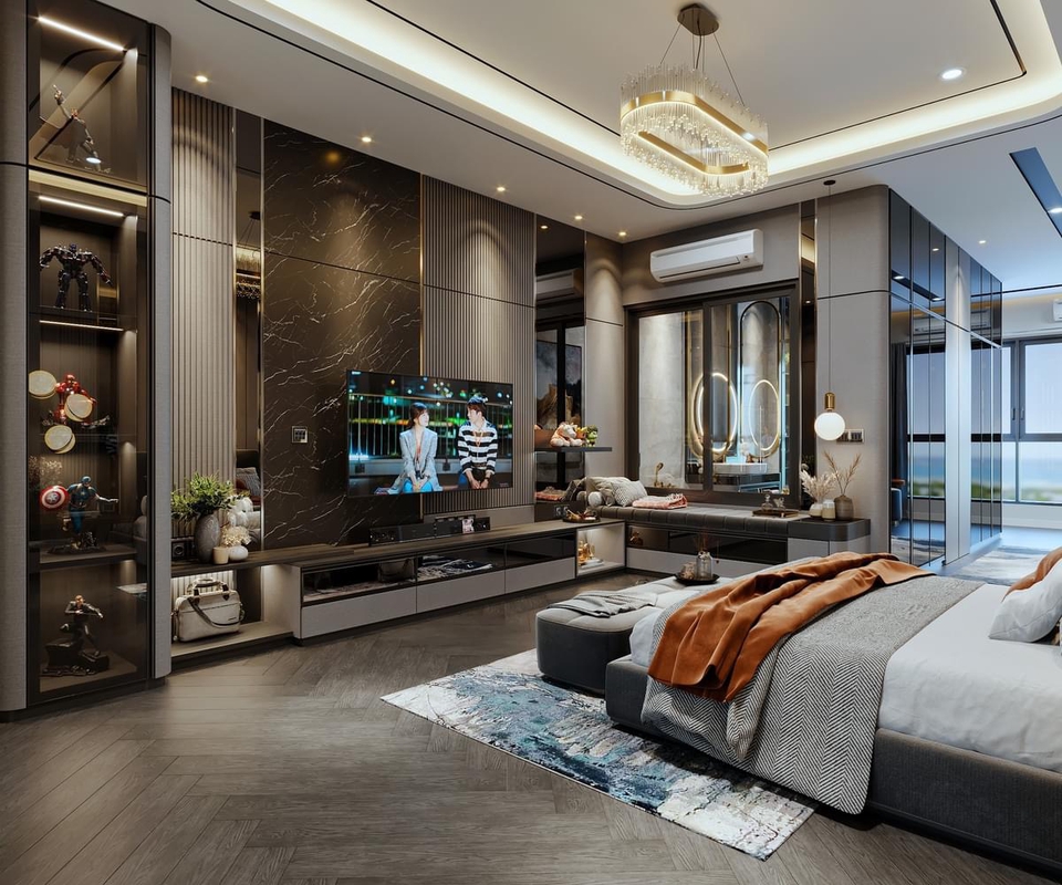 Jasa desain interior 3d untuk rumah minimalis dengan interior ruang tamu, kamar tidur, dan dapur modern.