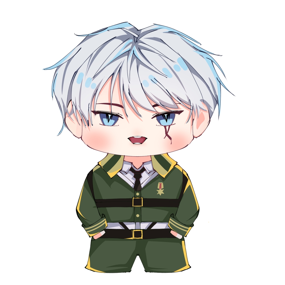 Ilustrasi karakter kartun pria berambut putih dengan seragam militer hijau