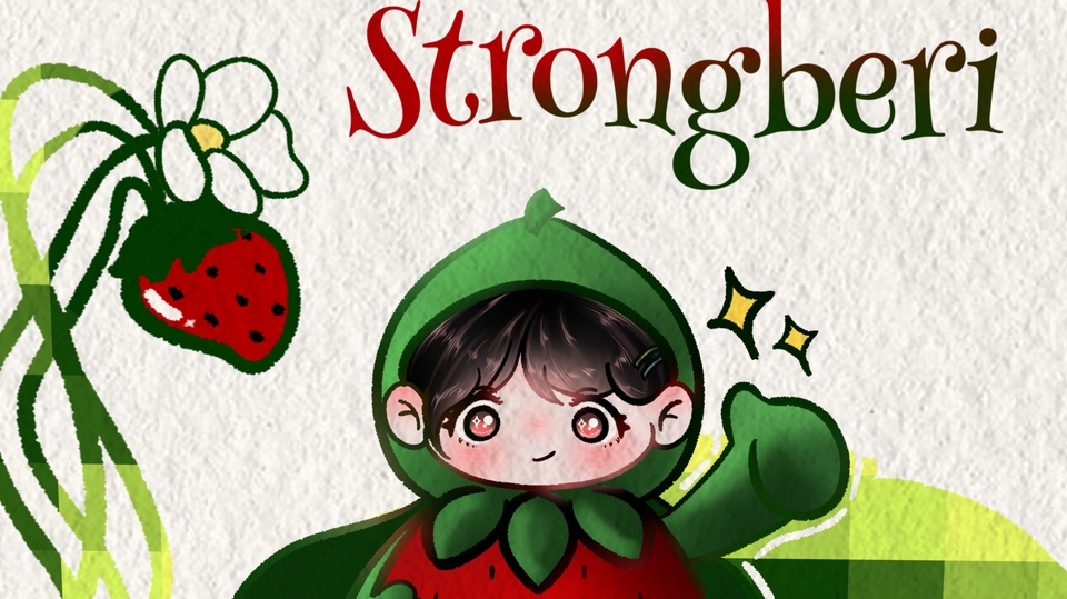 Jasa desain karakter kartun Strongberi: karakter imut bertema stroberi, desain maskot lucu untuk VTuber.