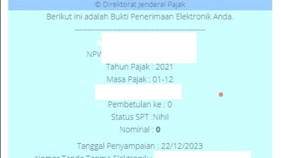 Bukti Penerimaan Elektronik Pajak dengan NPWP, Tahun Pajak 2021, Masa Pajak 01-12, Tanggal Penyampaian 22/12/2023.